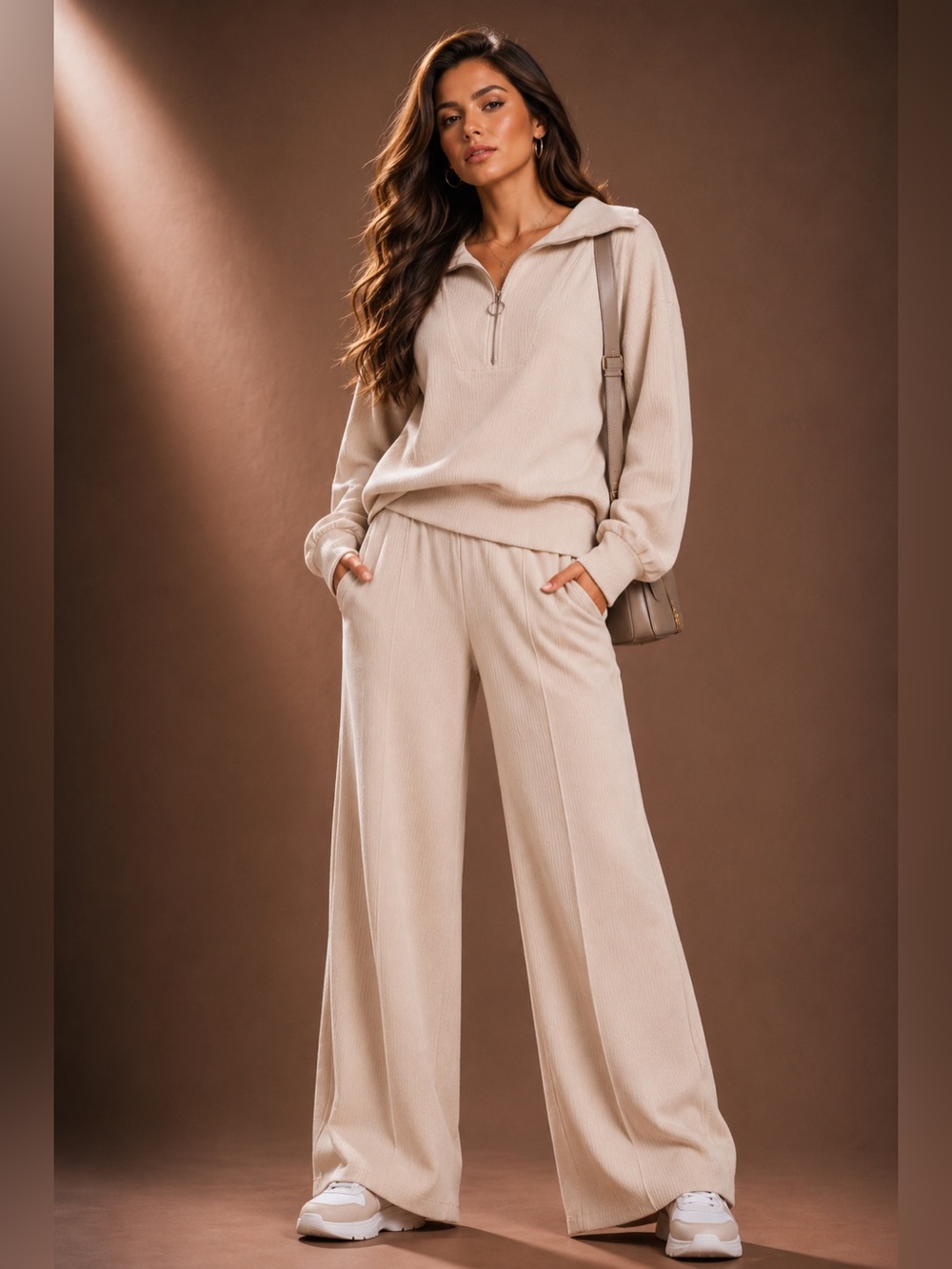 Zenana Ribbed High Neck Half Zip Pullover & Pants Set SAND BEIGE